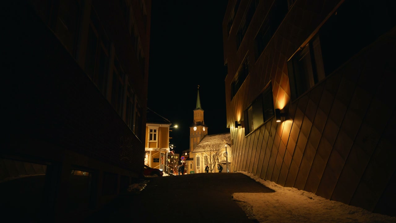 Night Street View of Church Steeple, Norway