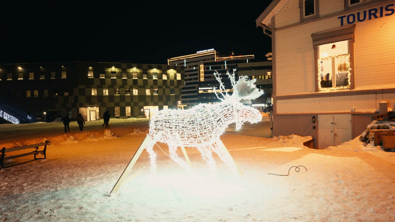 Illuminated Moose Sculpture in Snowy Norway