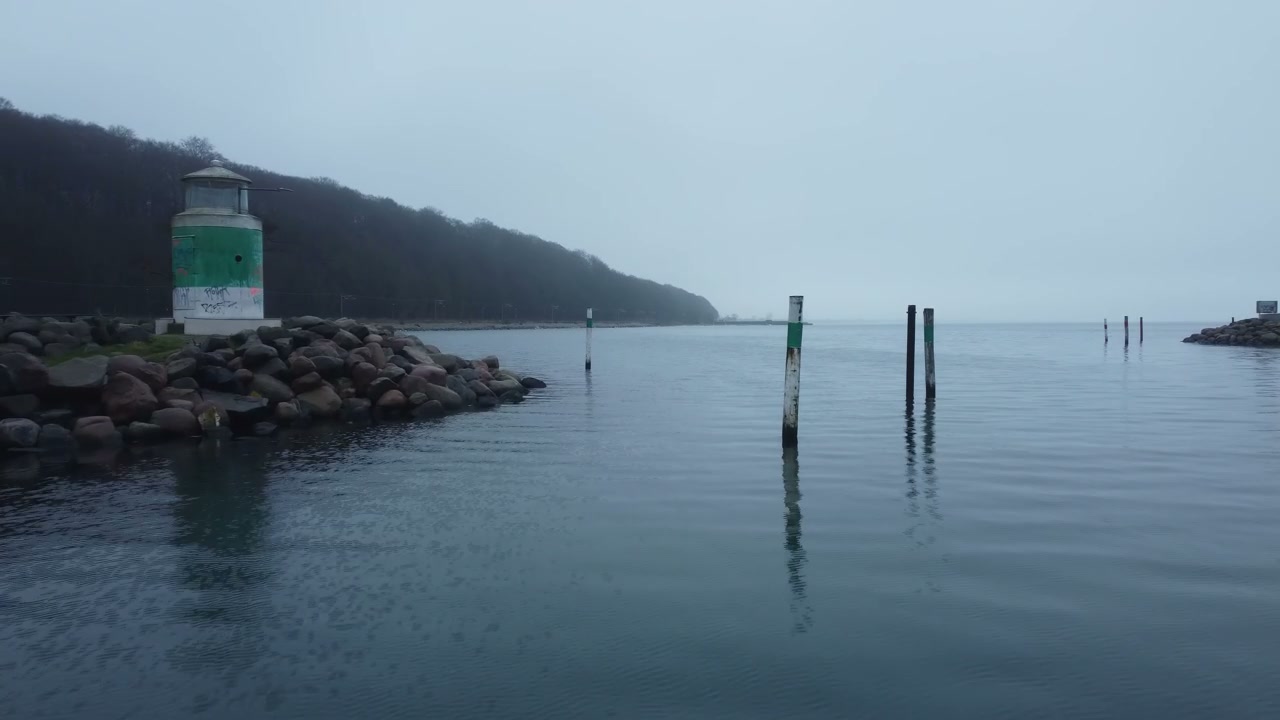 Misty Harbor Entrance with Lighthouse