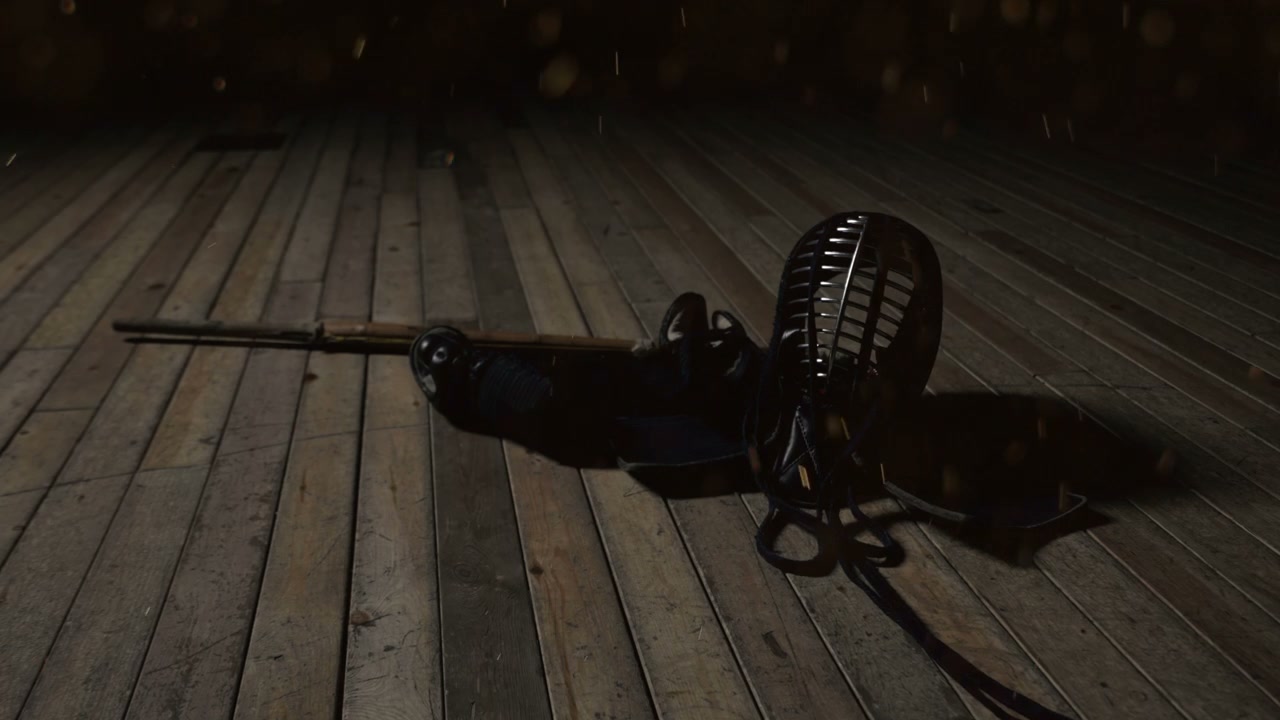 Kendo Equipment on Wooden Floor with Sparks