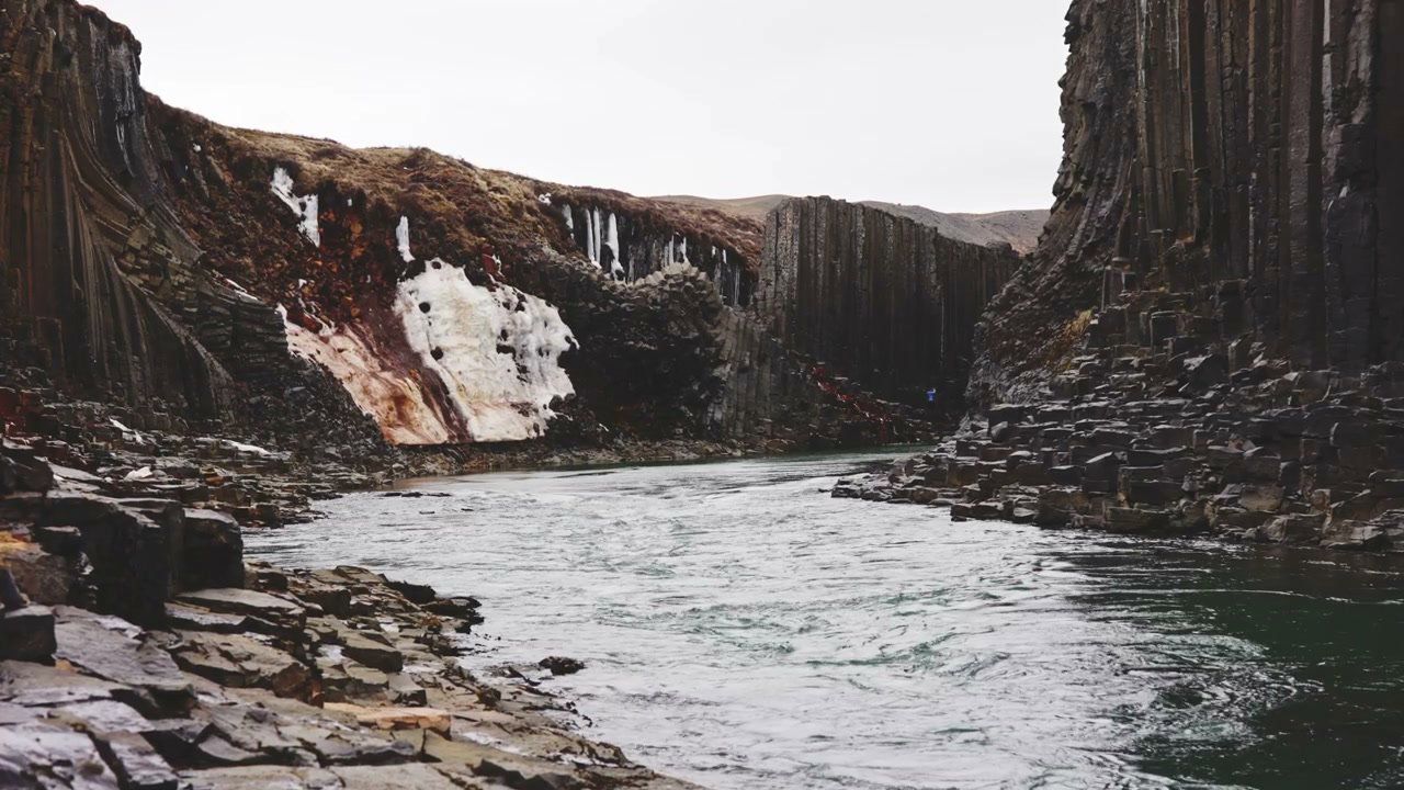 River Flowing Through Basalt Canyon, Iceland
