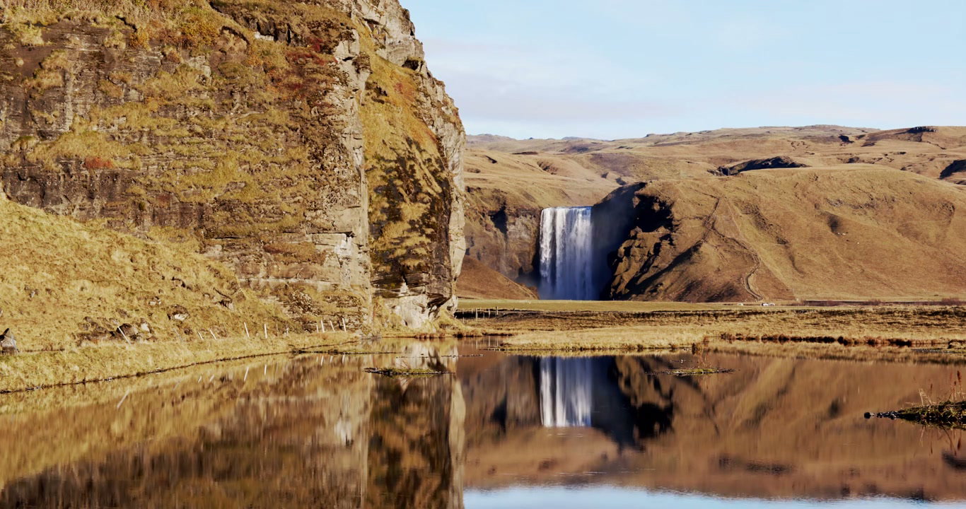 Skogafoss Waterfall Reflection in Iceland