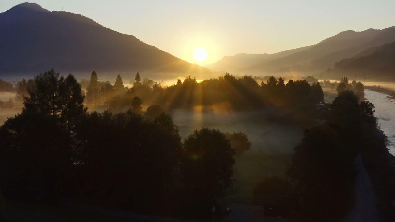 Aerial Sunrise Over Misty Austrian Valley