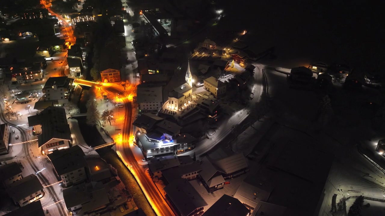 Illuminated Kaprun Town at Winter Night