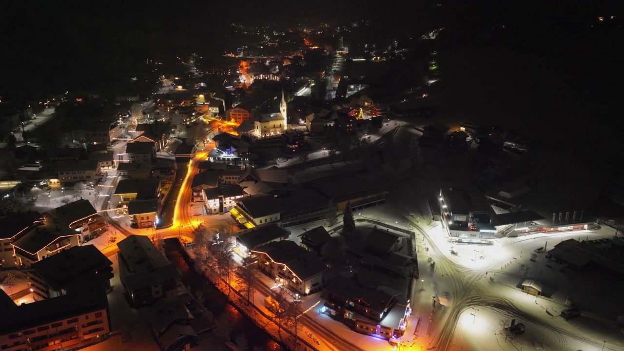 Illuminated Kaprun Town at Winter Night