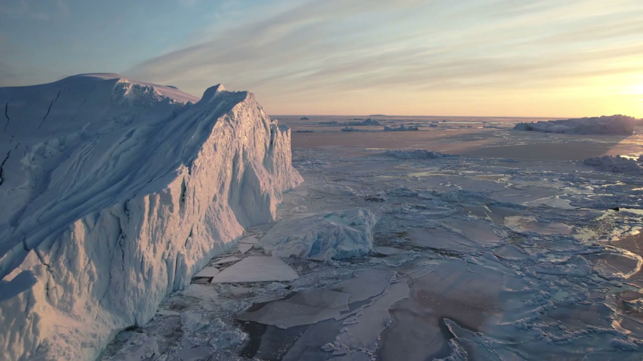 Aerial View of Greenland Icebergs at Sunset