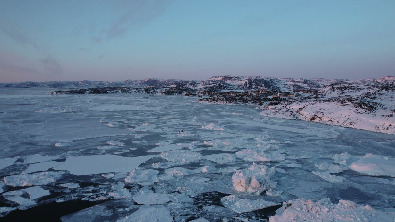 Arctic Town and Frozen Water Aerial View