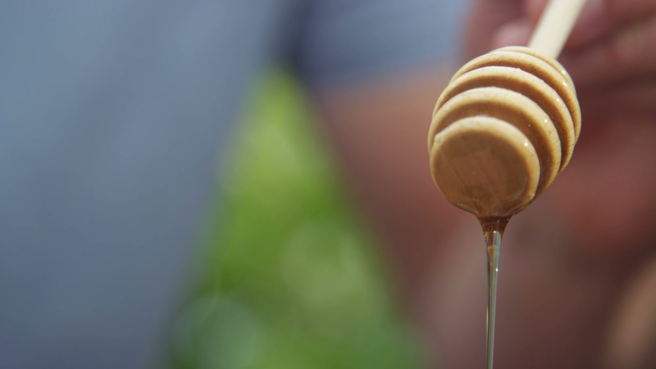 Sweet Honey Dripping from Wooden Dipper