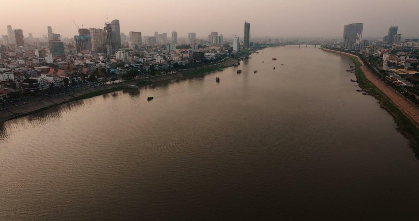 Phnom Penh Cityscape Over Mekong River at Dusk
