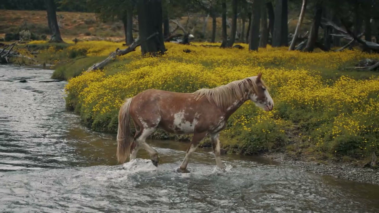 Wild Horse Crosses River in Patagonia