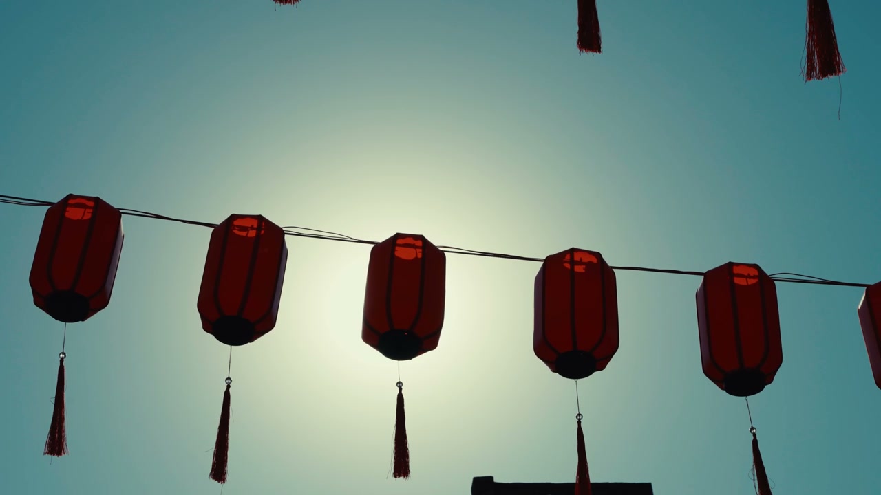 Sunlight Through Red Chinese Lanterns in Hangzhou