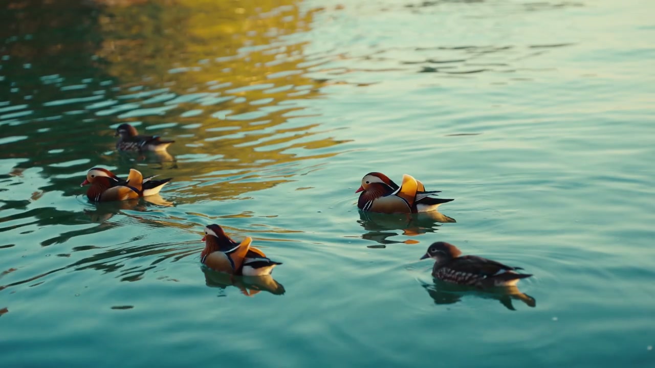 Mandarin Ducks Swimming in a Pond