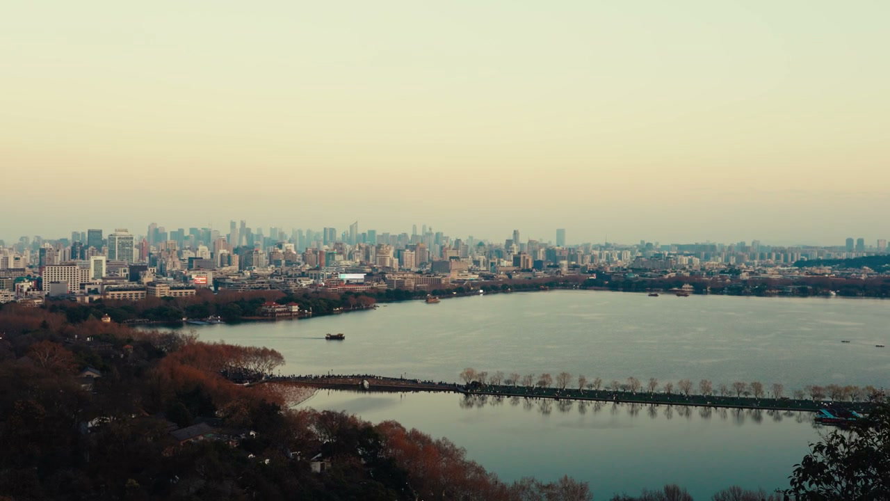 Hangzhou City Skyline and West Lake at Dusk
