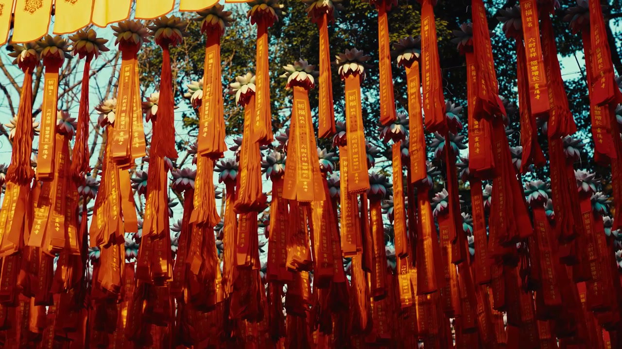 Red Prayer Flags Swaying in Chinese Temple