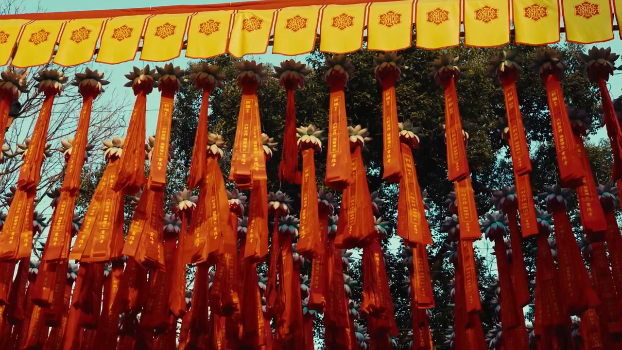 Traditional Red Ribbons Hanging at Temple
