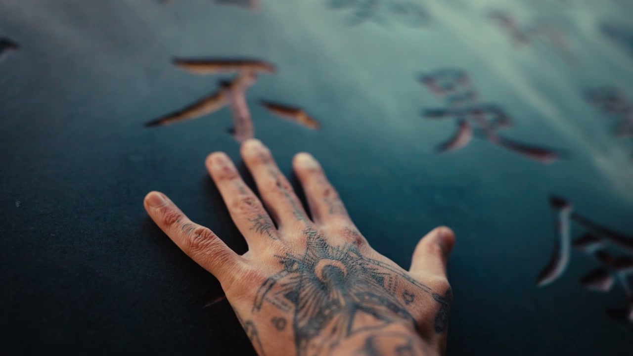 Tattooed Hand Touching Wet Chinese Characters