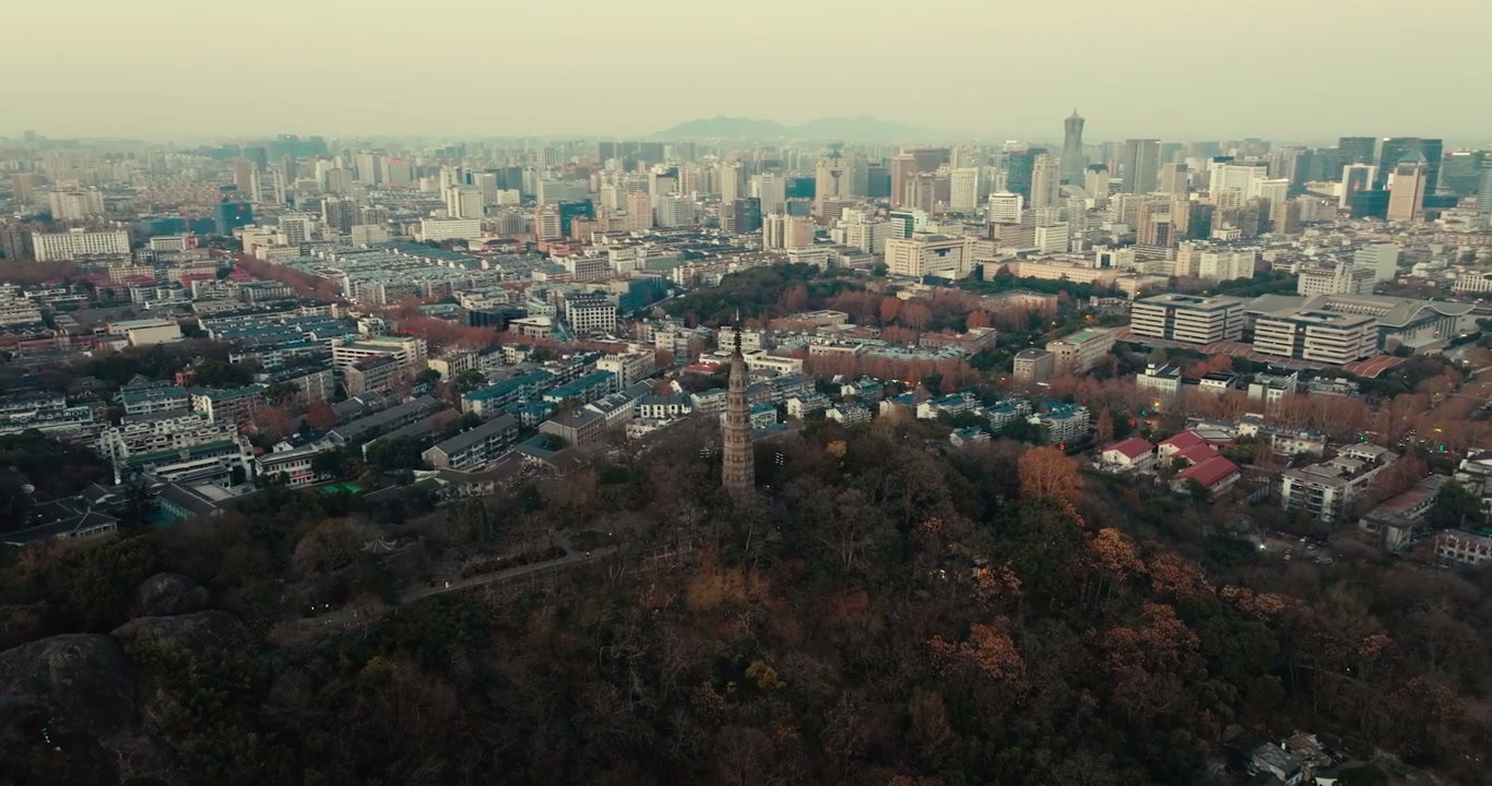 Hangzhou City Aerial with Pagoda on Hill