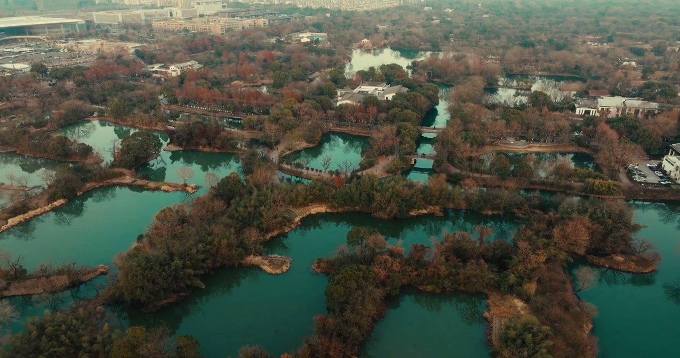 Aerial View of Park with Interconnected Lakes
