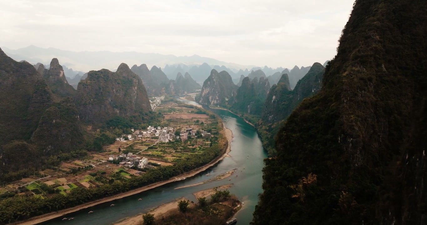 Aerial View of Yangshuo Karst Mountains and Li River