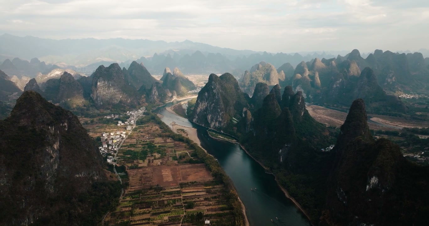 Yangshuo Karst Mountains and Li River Aerial