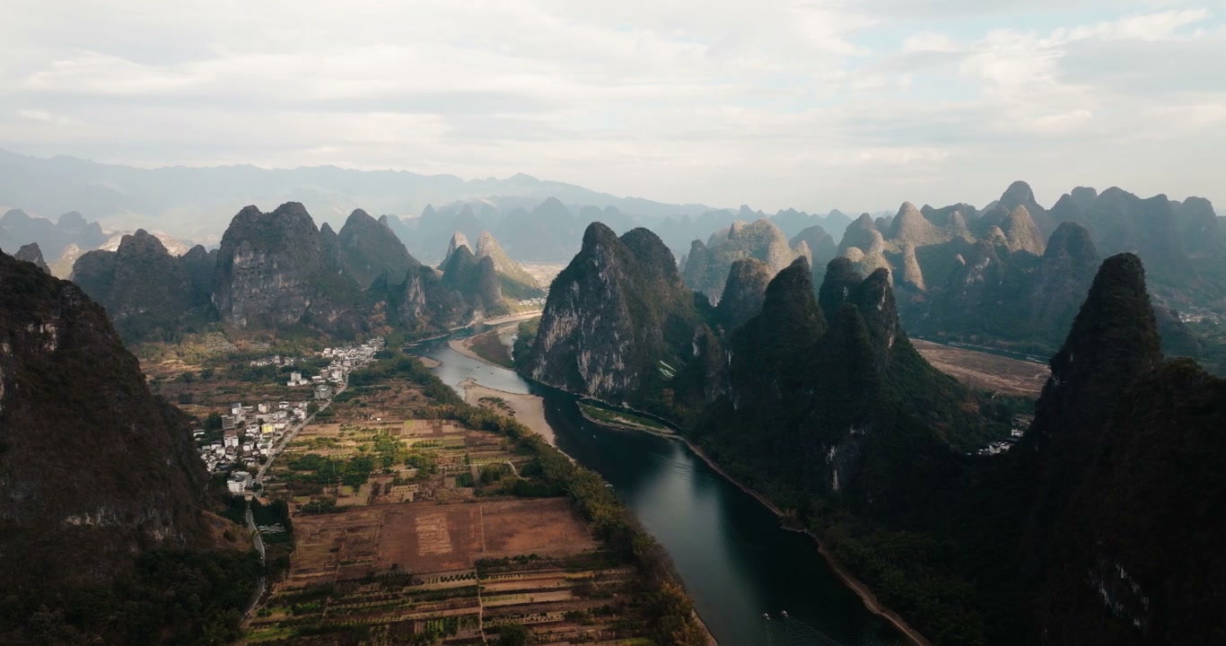 Aerial View of Li River and Karst Mountains in Yangshuo