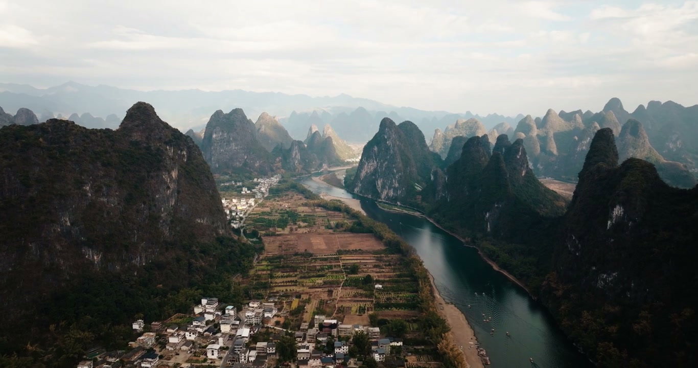 Yangshuo Karst Mountains and Li River Aerial
