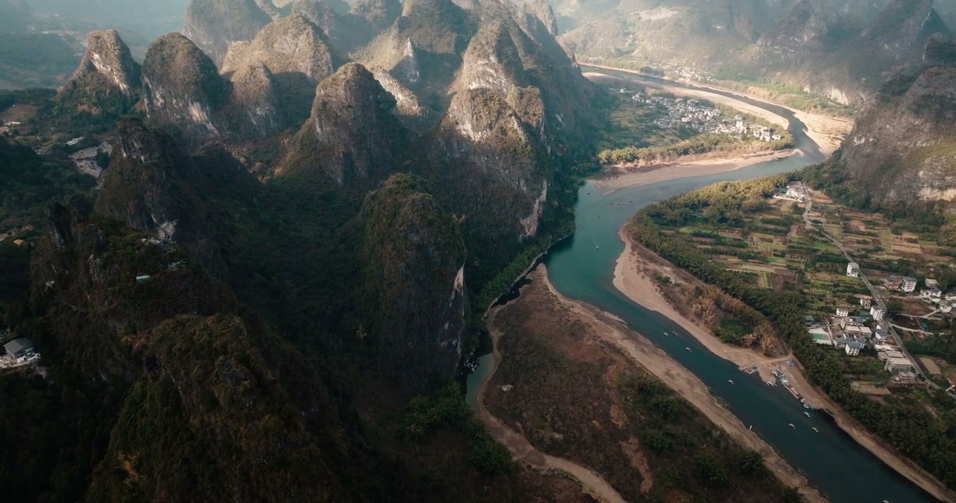Yangshuo Karst Mountains and Li River Aerial View