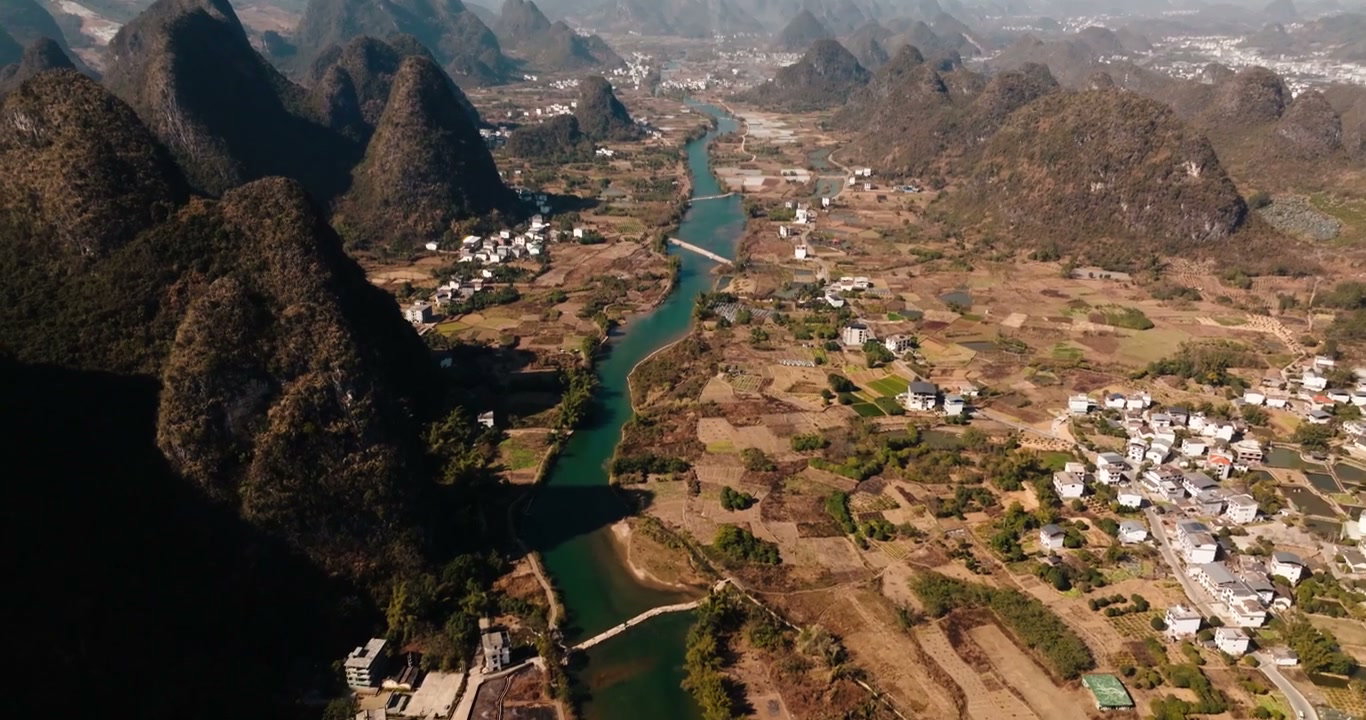 Yangshuo Karst Mountains and River Valley Aerial