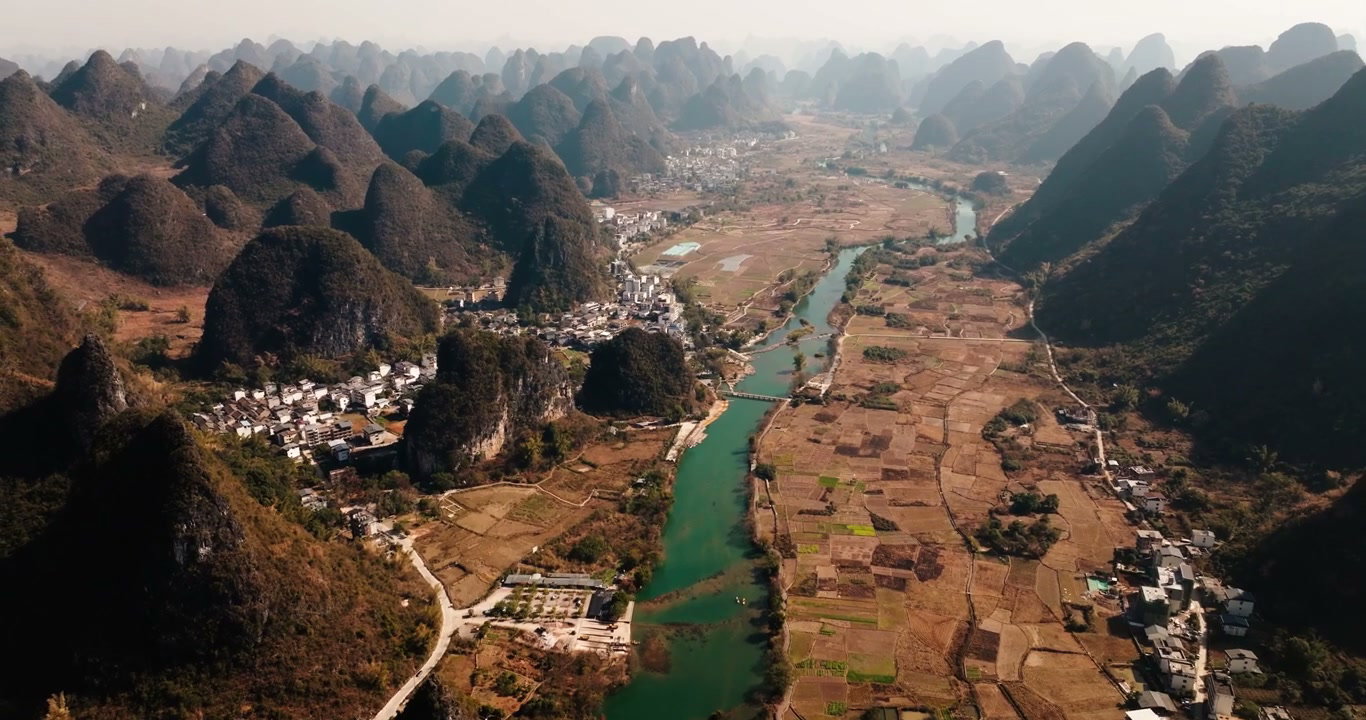 Aerial Yangshuo Karst Mountains and River Valley