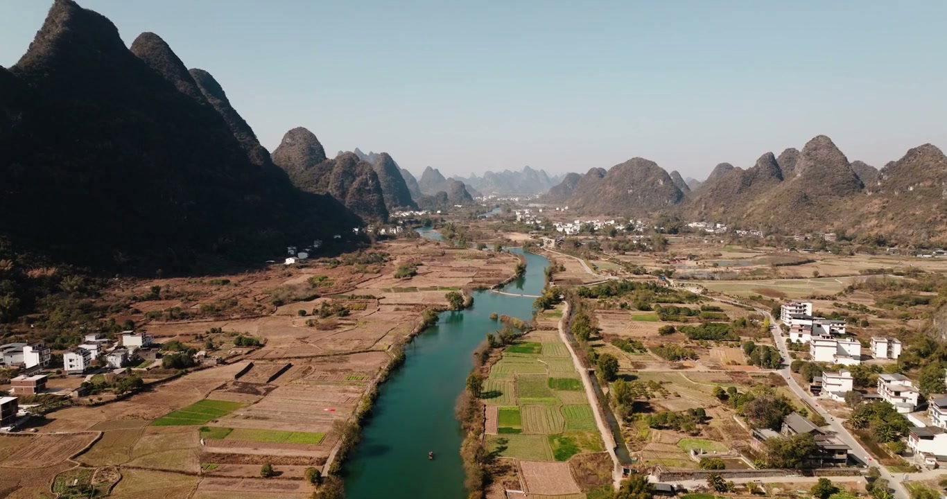 Aerial of Yangshuo Karst Mountains and River