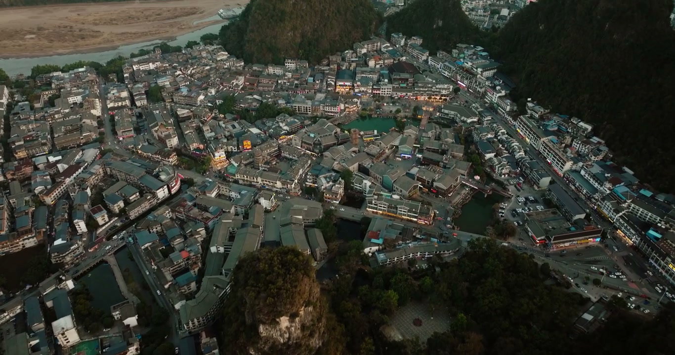 Yangshuo Town and Karst Mountains at Dusk