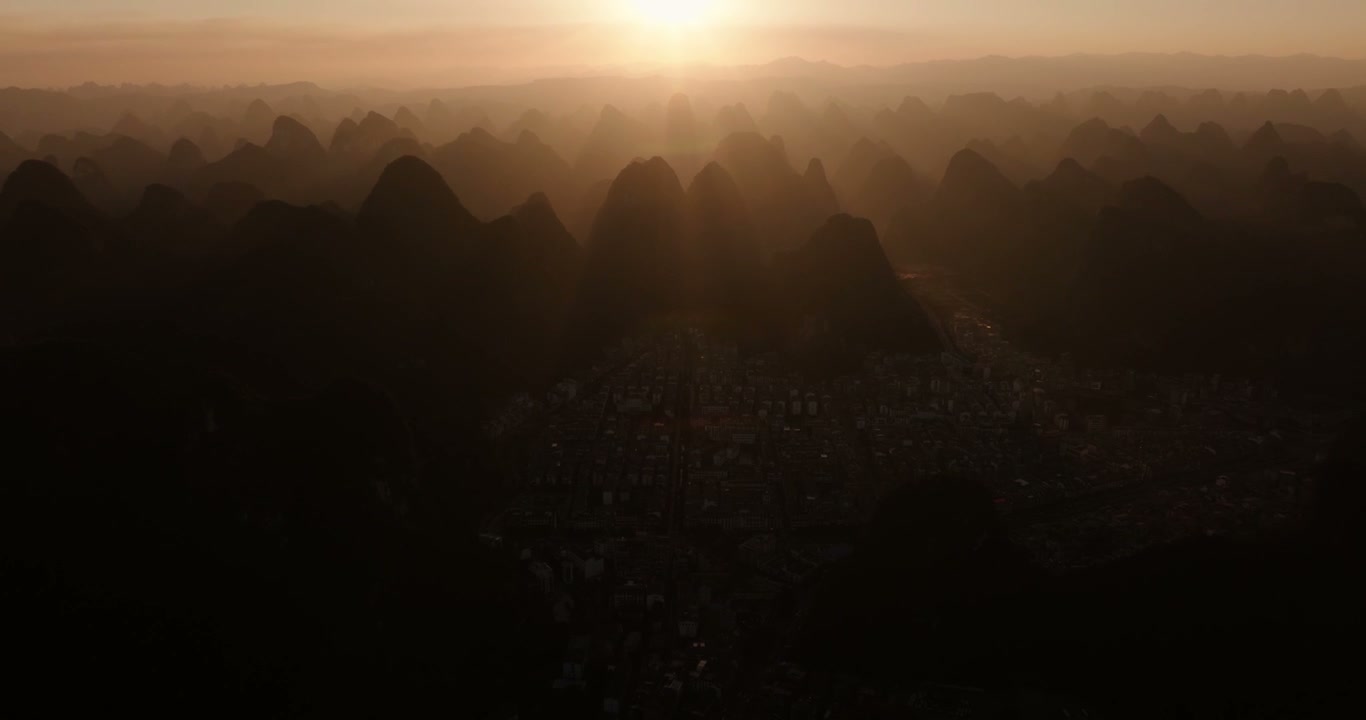 Yangshuo Karst Mountains Sunrise Aerial