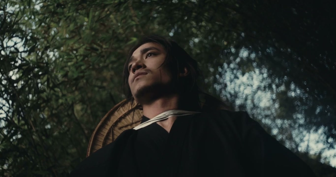Samurai Looking Up in Dense Bamboo Forest