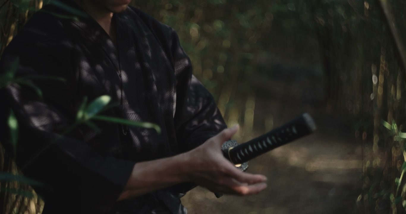 Samurai Sheathing Katana in Bamboo Forest