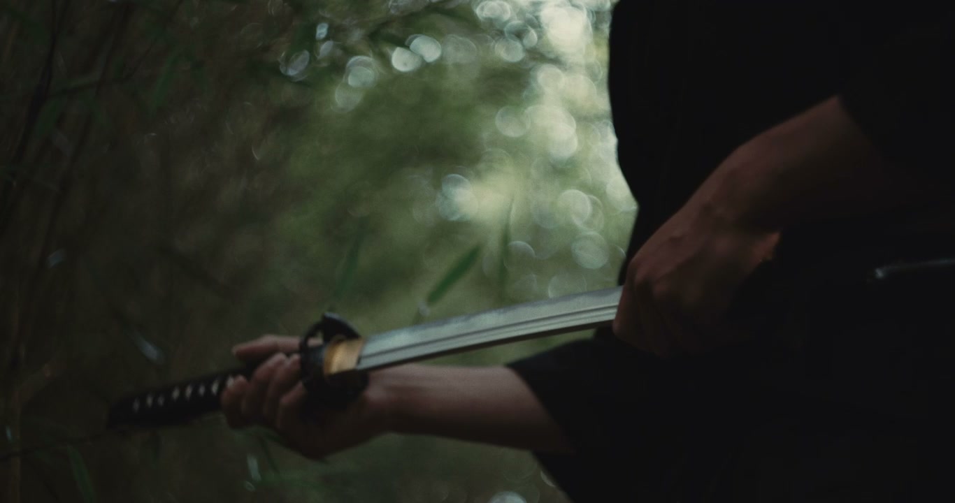 Samurai Draws Katana Sword in Forest
