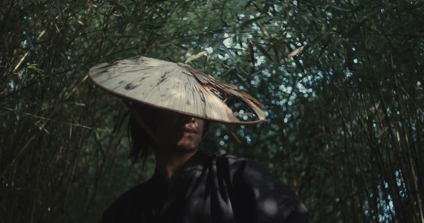 Samurai Wearing Conical Hat in Bamboo Forest