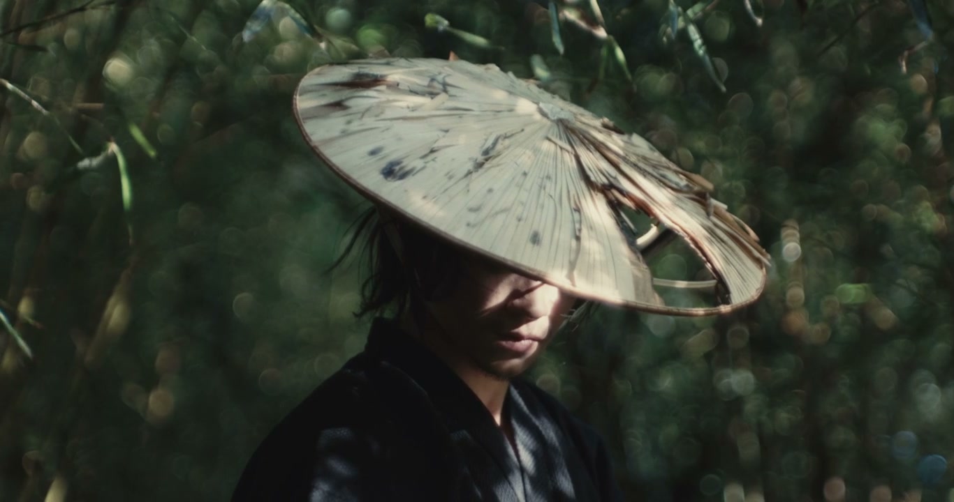 Samurai in Traditional Hat in Forest
