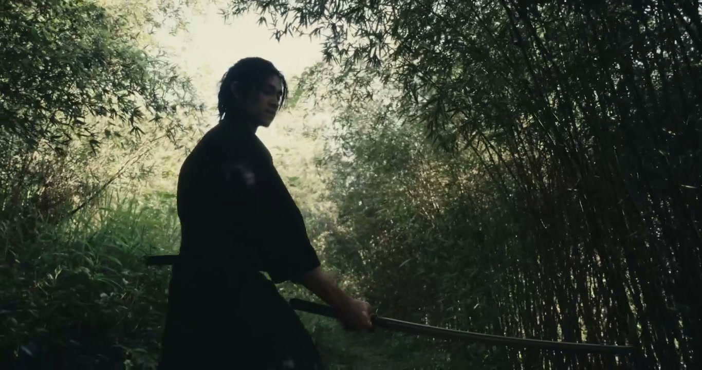 Samurai Practicing Sword in Bamboo Forest