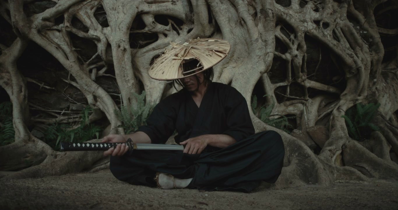 Samurai Warrior Inspecting Katana Blade