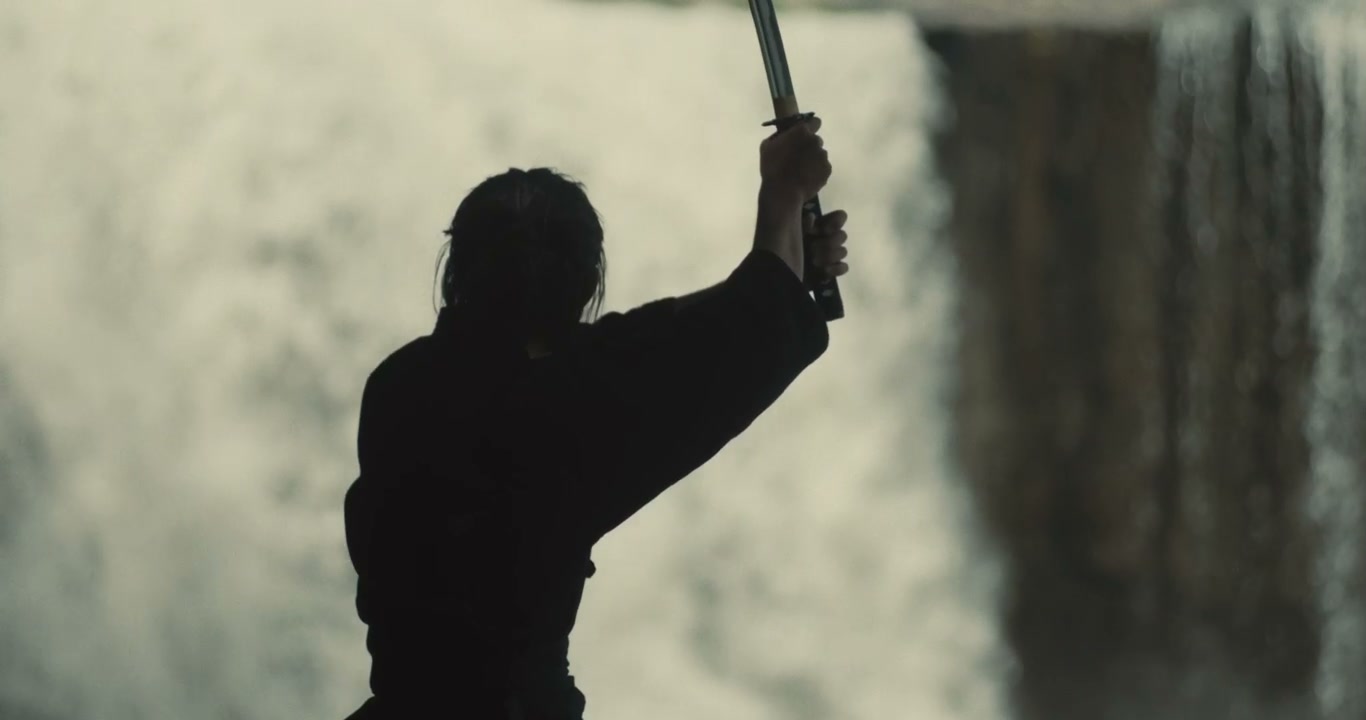 Samurai Silhouette Sheathing Katana at Waterfall