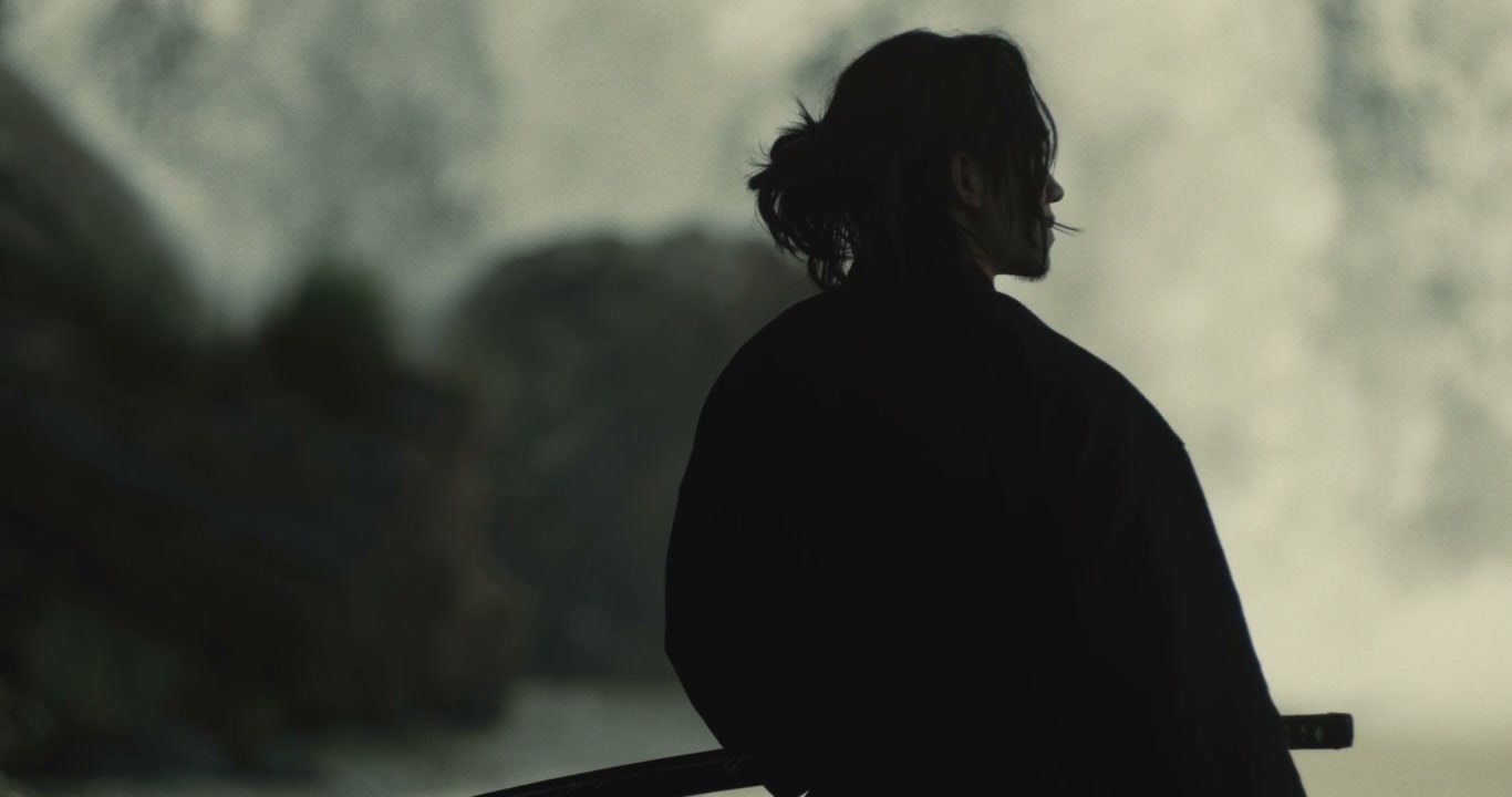 Samurai Standing by Waterfall