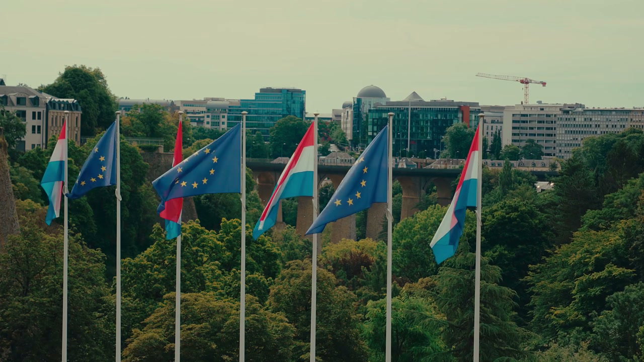 Luxembourg City Flags Waving