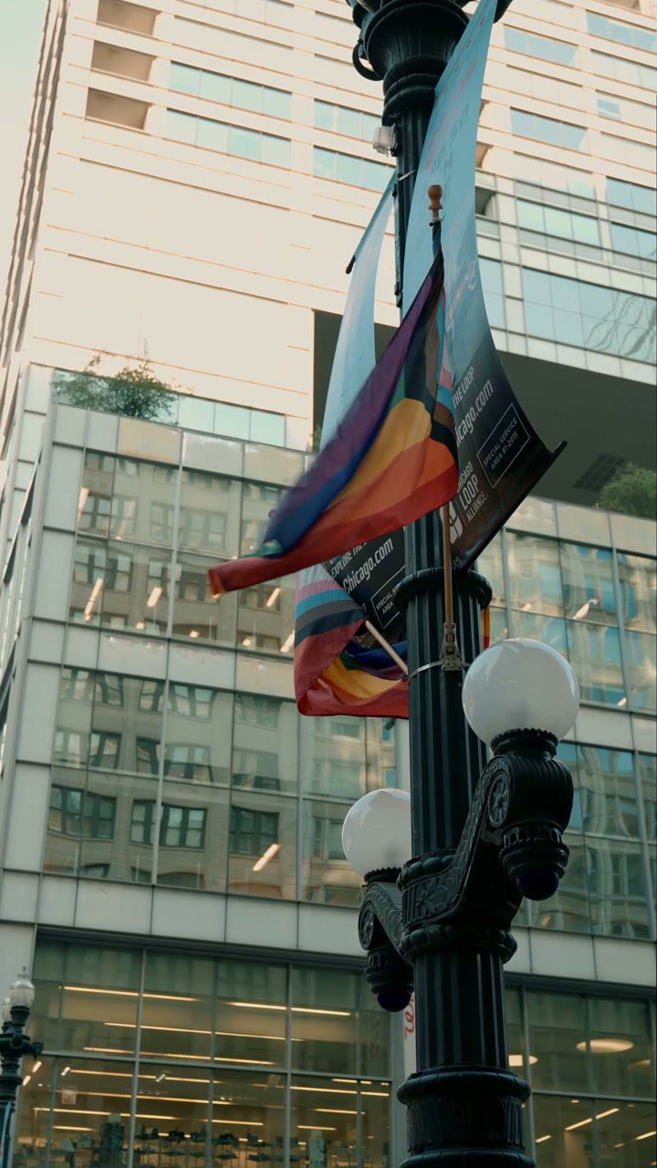 Pride Flags Waving on Chicago Lamppost