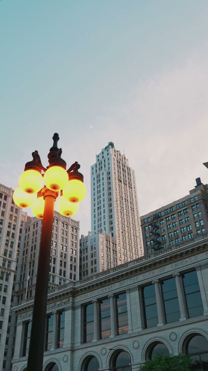 Chicago Public Library Building and Street Lamp