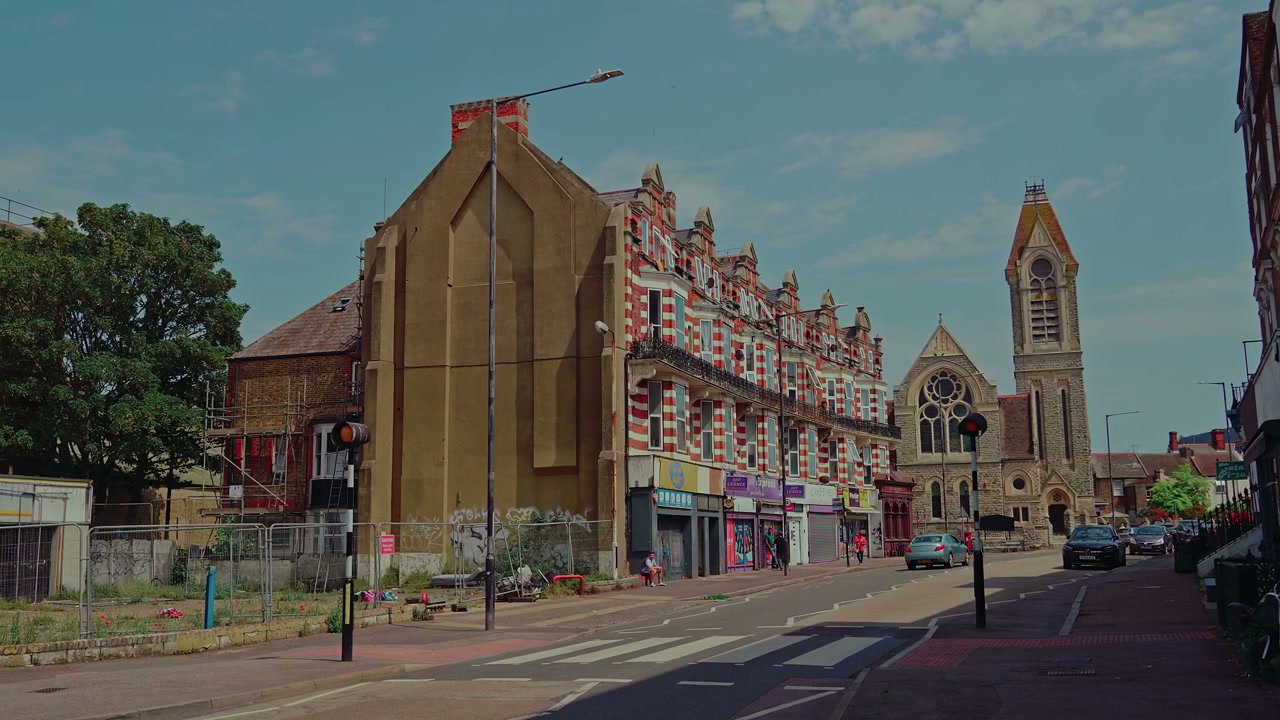 Sunny Day on Margate Town Street with Church