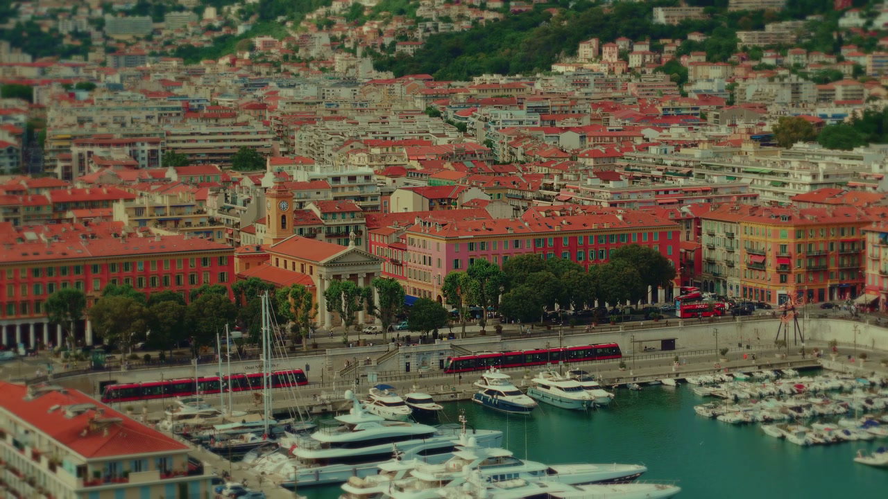 Nice Cityscape and Marina with Moving Tram