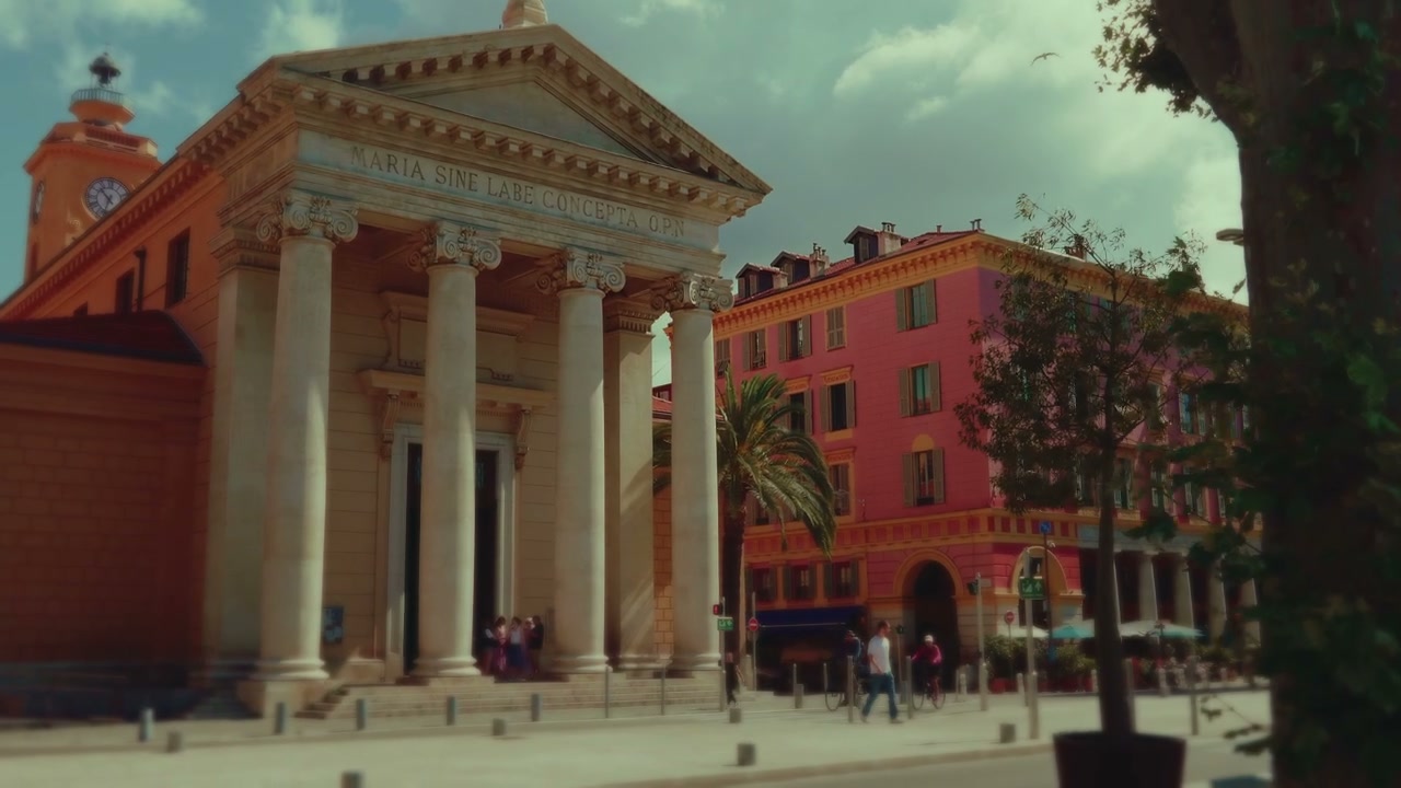 Neoclassical Church and Pink Building in Nice