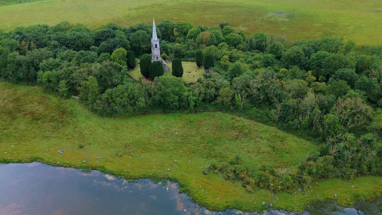 Historic Church Ruin on Island by Lake Aerial
