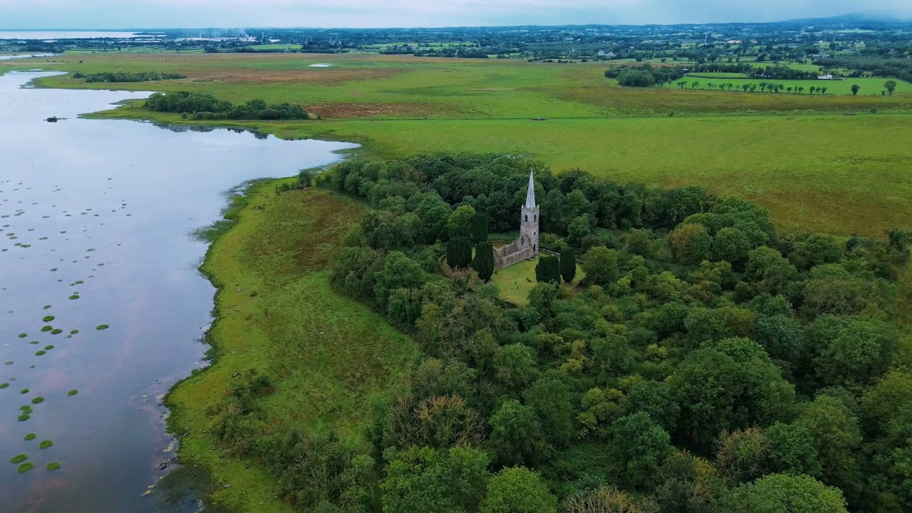 Aerial View of Ruined Church Island on Lake
