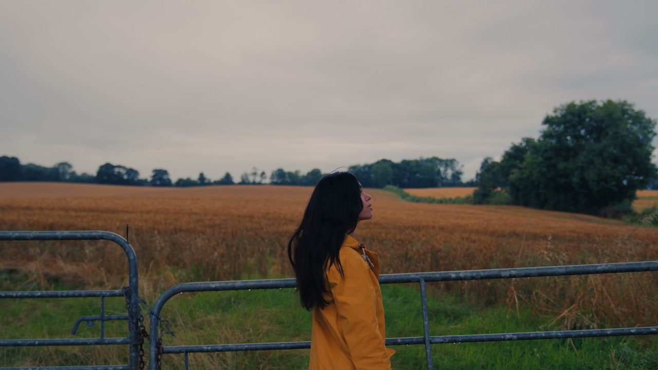 Person in Yellow Raincoat by Golden Field